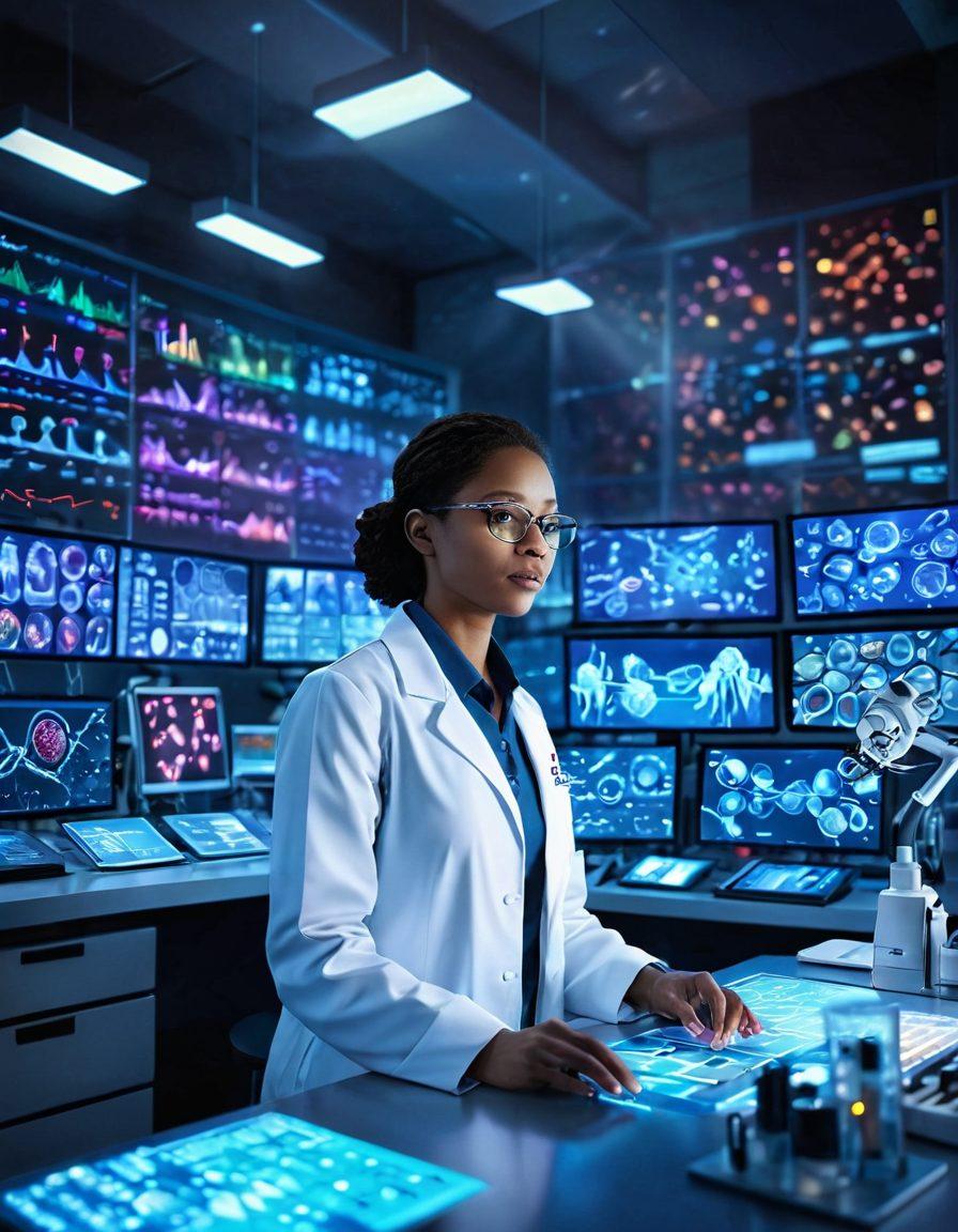 A vibrant illustration depicting a scientist in a laboratory with cutting-edge technology, surrounded by holographic displays of DNA and cancer cells being targeted by innovative treatments. In the background, a diverse group of patients representing hope and recovery, with soft, glowing light illuminating the scene to evoke a sense of progress and optimism. super-realistic. vibrant colors.
