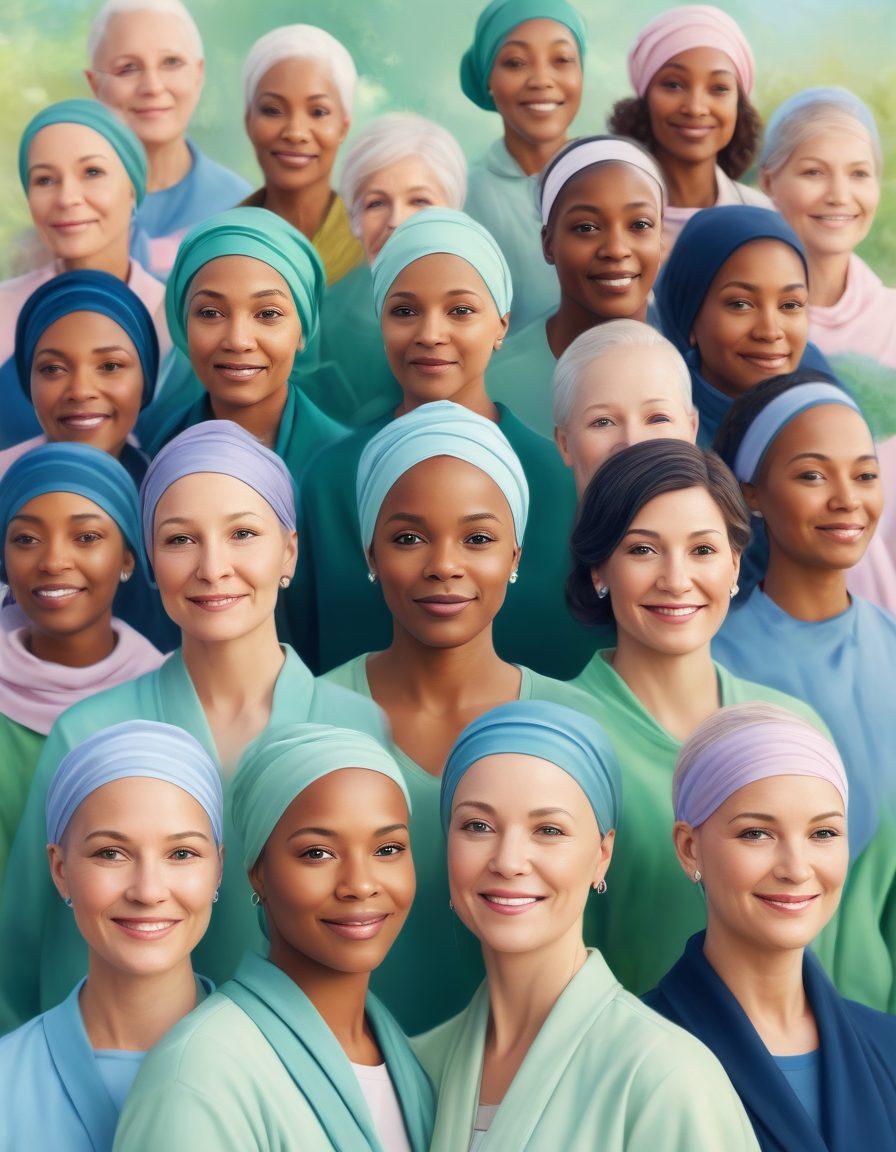 A diverse group of cancer survivors standing together, each sharing their unique story through expressive body language and facial expressions. The background showcases a blend of hope and resilience with soft, uplifting colors, like greens and blues, representing healing and growth. Subtle symbols of cancer awareness, such as ribbons, are integrated into the scene. The setting is warm and inviting, evoking a sense of community and support. super-realistic. vibrant colors. soft focus.